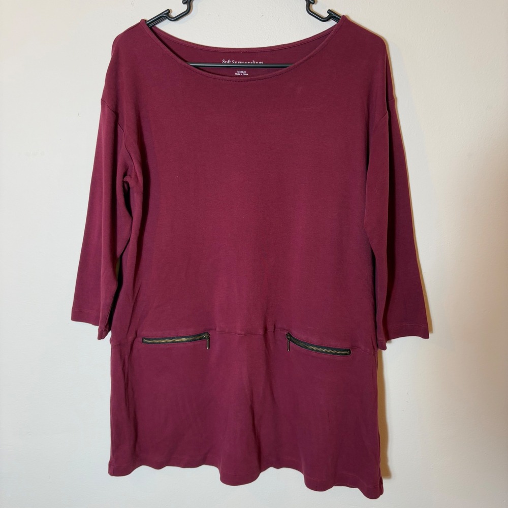 Soft Surroundings‎ Zip Line Tunic Top Burgundy Cotton Long Sleeve Size Medium